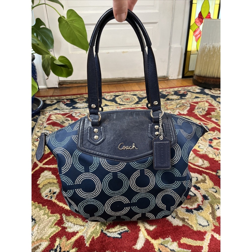 Coach Ashley Dotted Logo Op Art Carryall Purse F25183 Navy Blue Classic Boho Bag